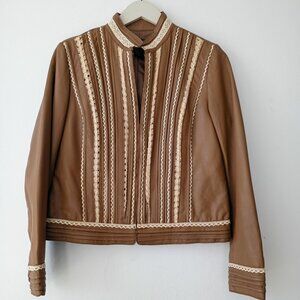 Vintage style Boston Proper Brown 100% Leather with Lace Trim Jacket | Size 6